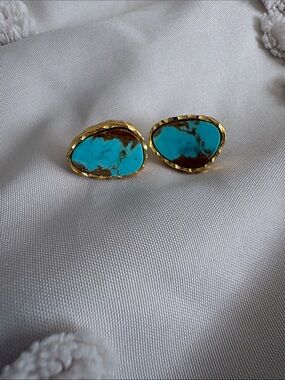 Gold-Trim Turquoise Stone Stud Earrings by